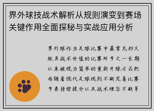 界外球技战术解析从规则演变到赛场关键作用全面探秘与实战应用分析