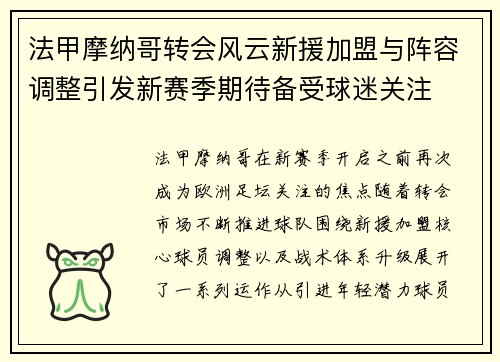 法甲摩纳哥转会风云新援加盟与阵容调整引发新赛季期待备受球迷关注